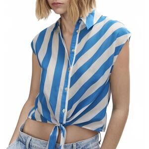 Mango Cotton Front Waist Bow Printed Shirt Ink Blue White Stripes NWT Size 0/XXS